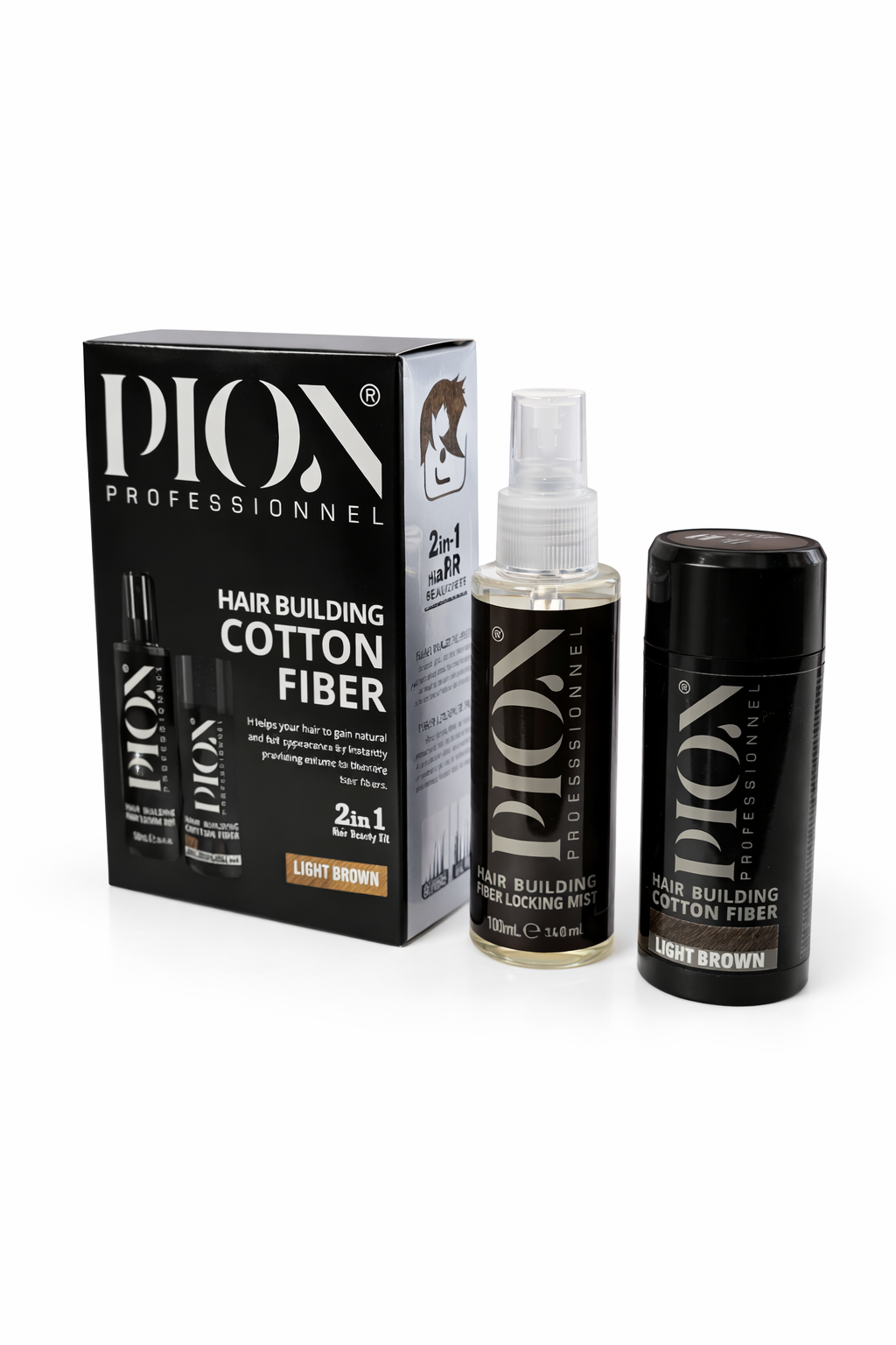 Pion Hair Building Cotton Fiber & Locking Mist 2-in-1 – Light Brown 20g + 100mL