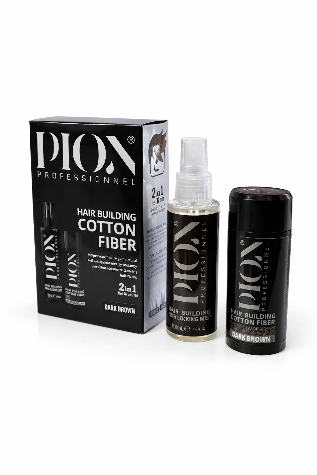 Pion Hair Building Cotton Fiber & Locking Mist 2-in-1 – Dark Brown 20g + 100mL